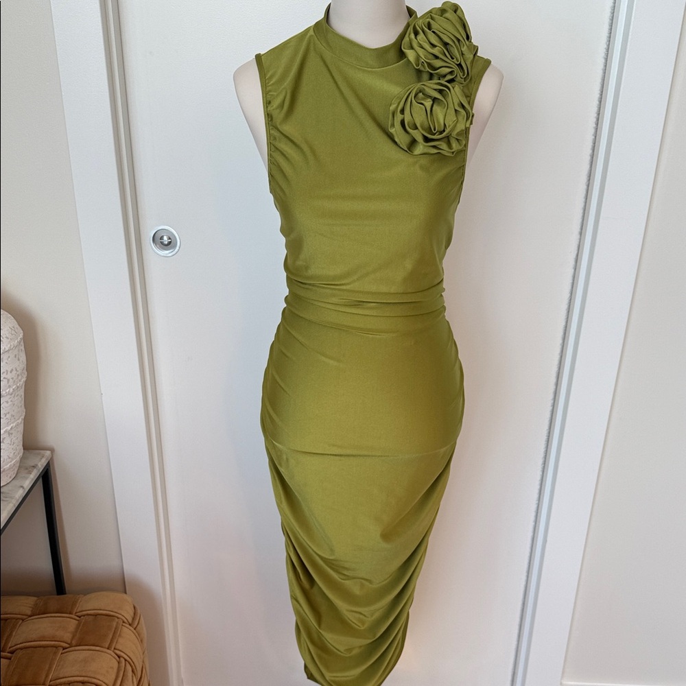 Gray Malin Olive Green Midi Dress with Floral Detail